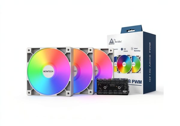 Montech GF120 ARGB PWM Fan 120mm White 3 Pack Hub-1