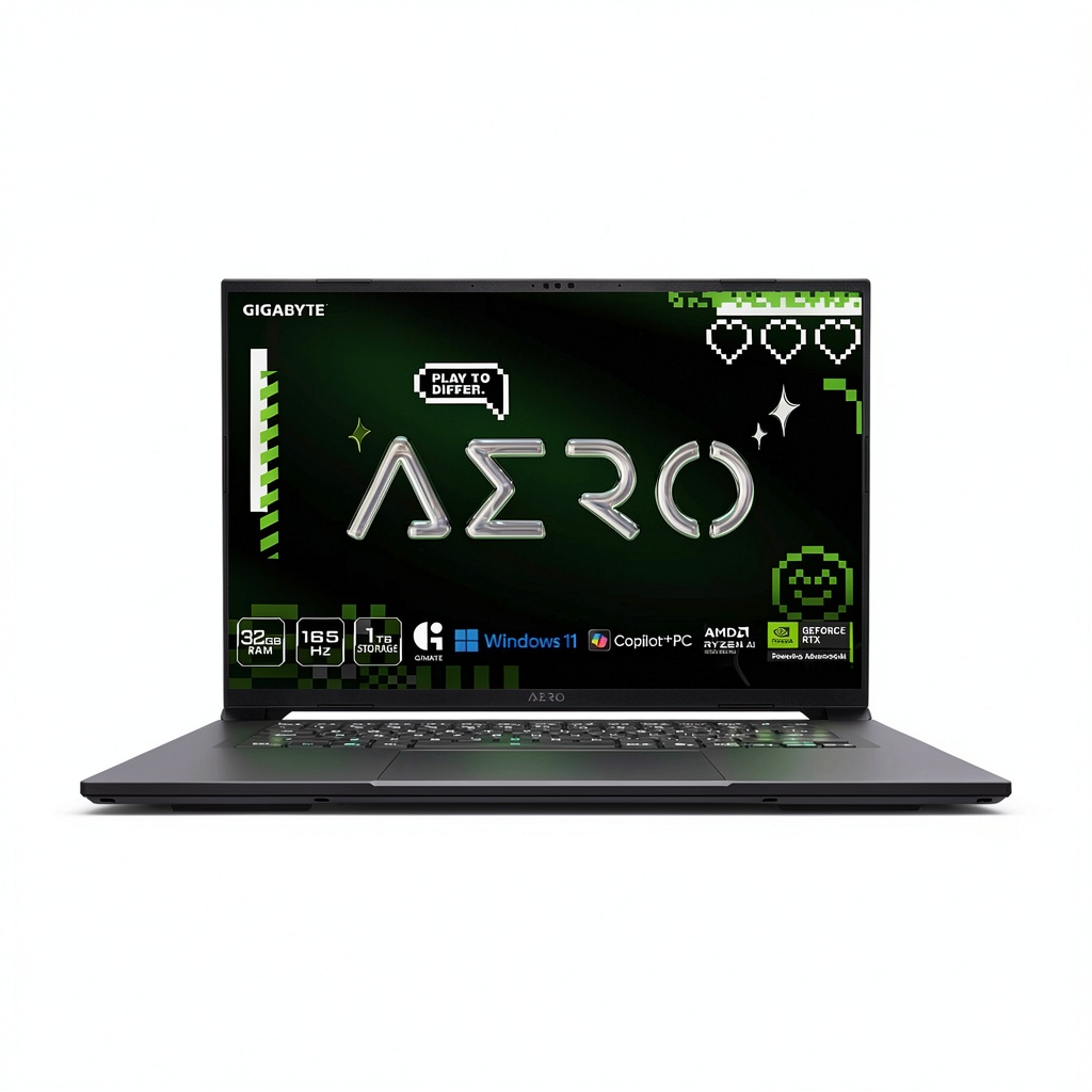GIGABYTE AERO X16 laptop displaying creative software on a desk