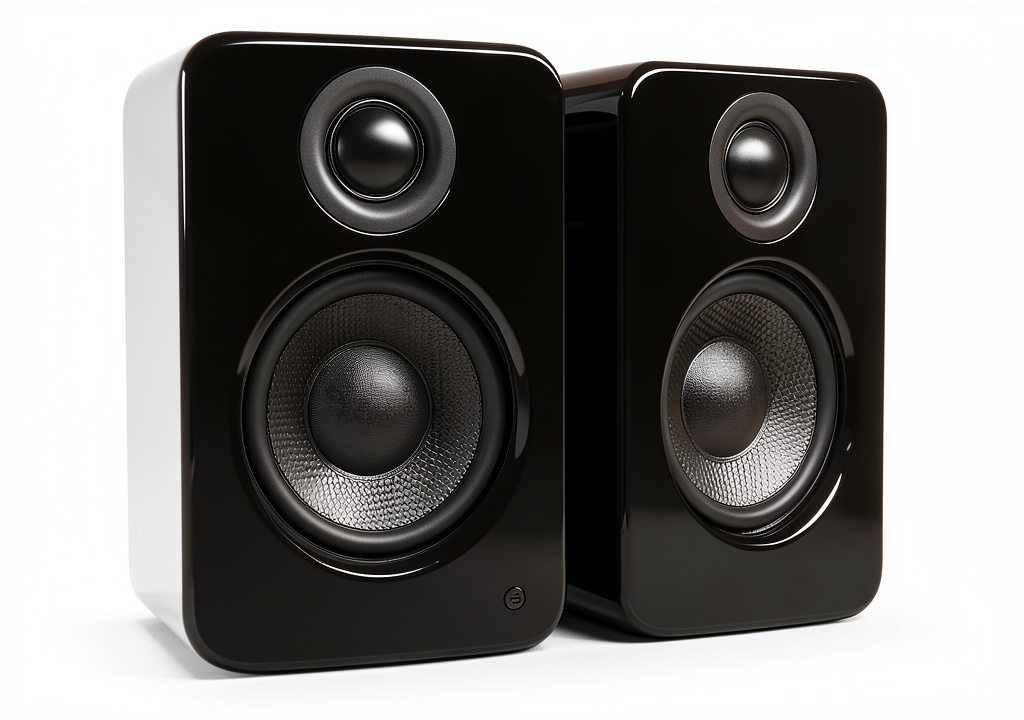 Kanto YU2 speakers on a desktop with gloss black finish