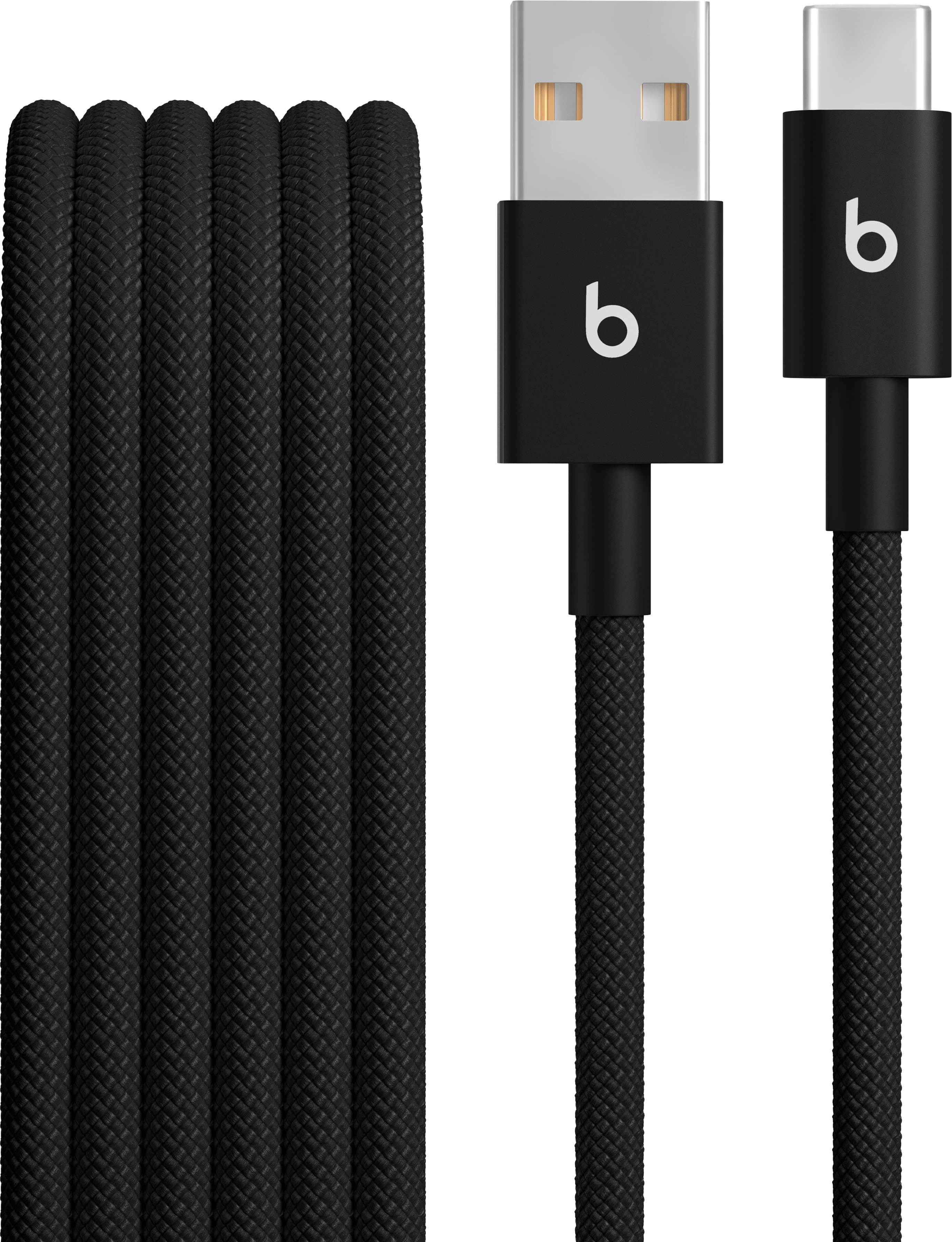 Beats USB‑C braided charging cable displayed on a desk with iPhone and Android phone