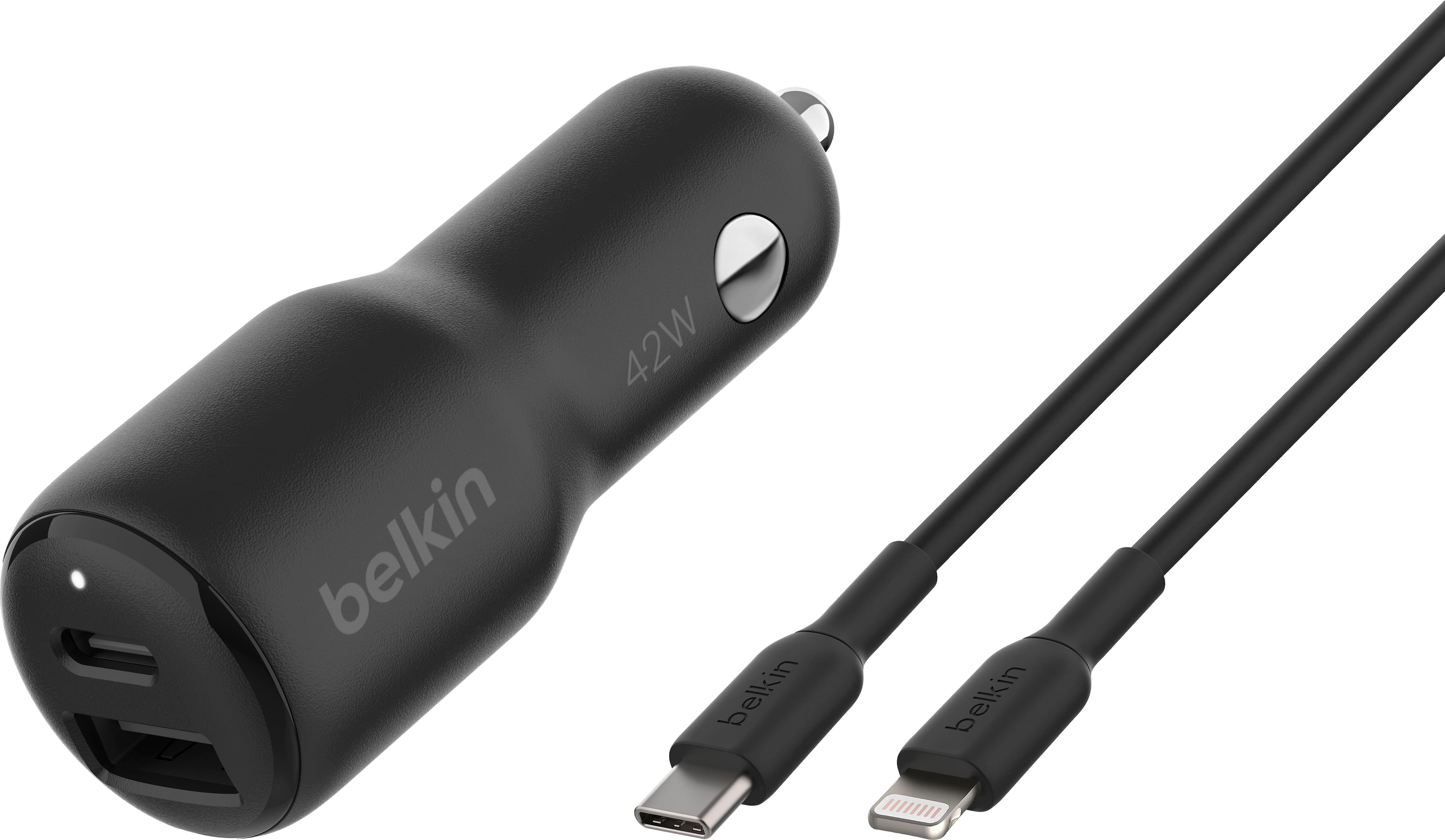 BOOST CHARGE 42W Dual Car Charger plugged into a car outlet