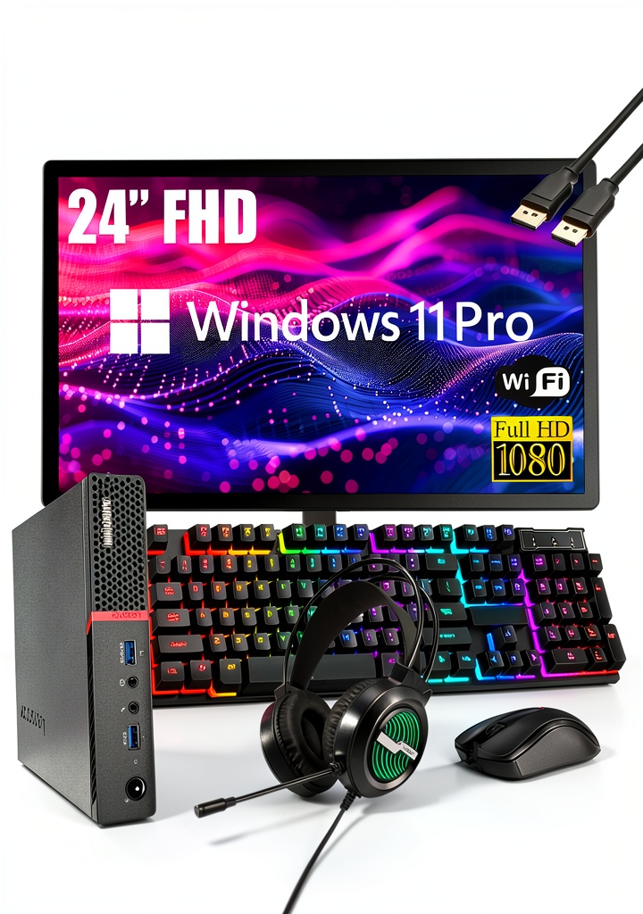 Lenovo ThinkCentre M700 Tiny desktop with monitor and accessories on a desk
