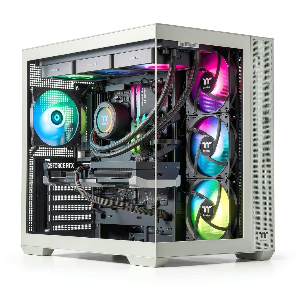 LCGS View 9870M-380 Gaming Desktop showing internal components and RGB lighting