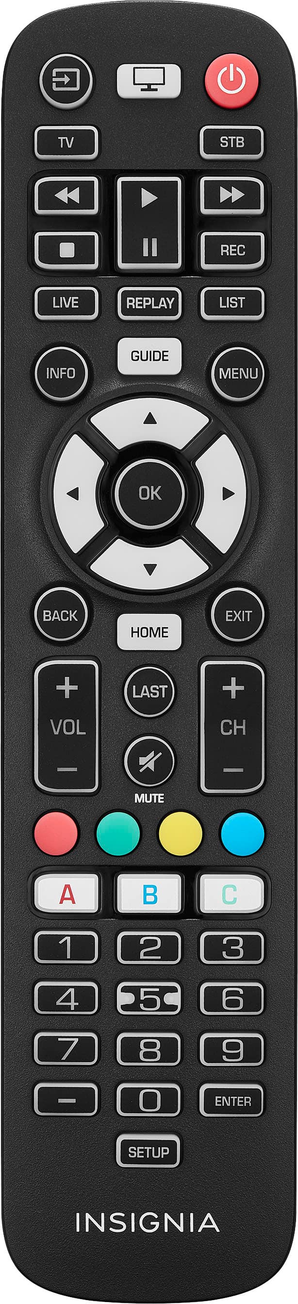 Insignia Universal Remote controlling a TV and soundbar in a living room