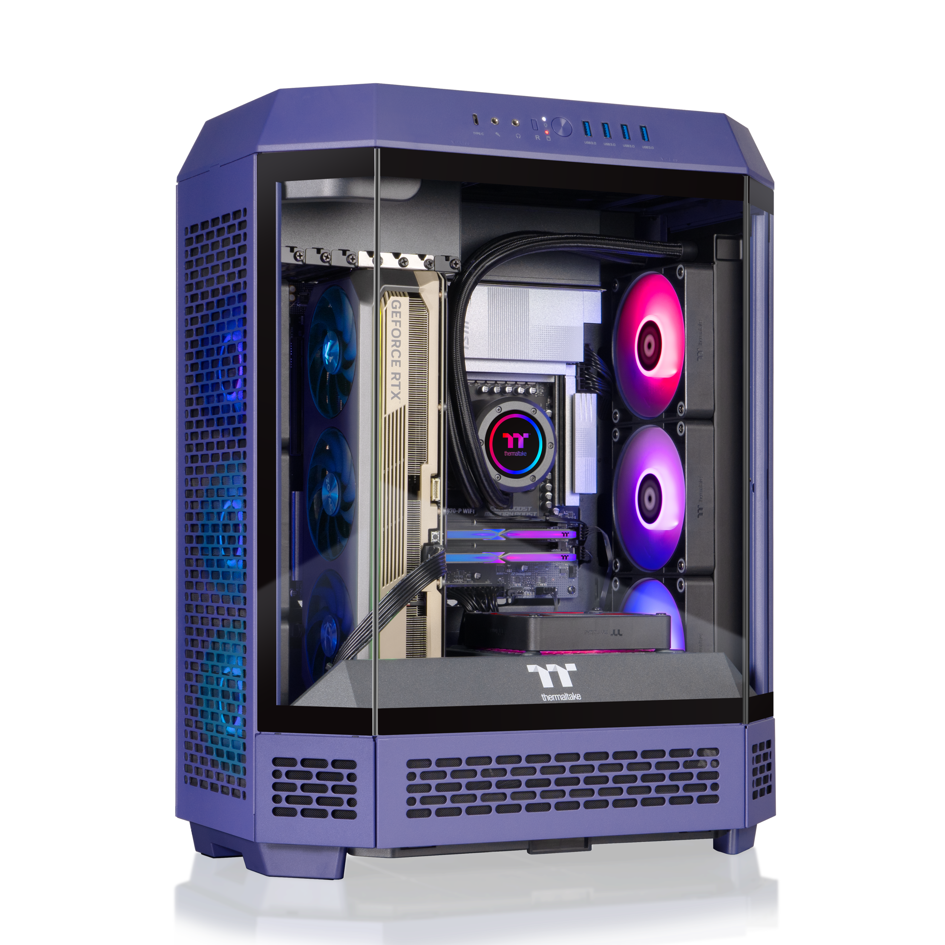 Thermaltake LCGS Reactor 9880F gaming desktop in purple showing front panel and ports
