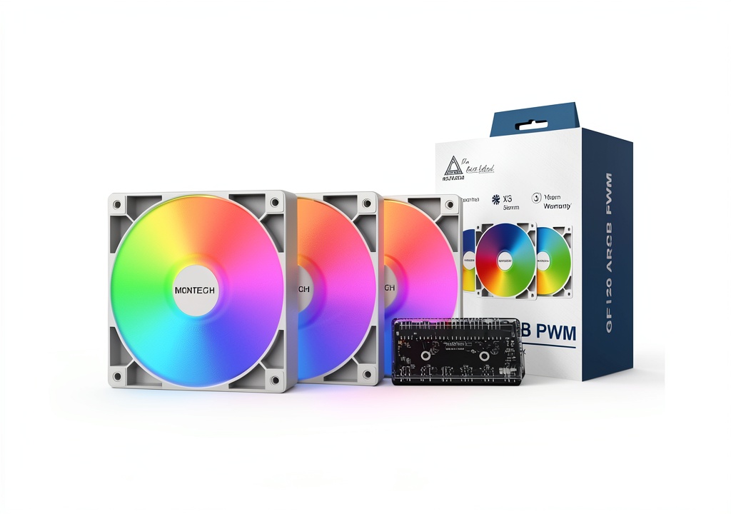 Installing Montech GF120 ARGB PWM Fan 120mm White 3 Pack Hub on a wooden desk