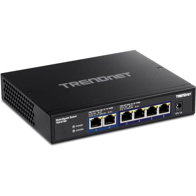 'TRENDnet 6-Port 10G Switch front view showing ports and compact design'