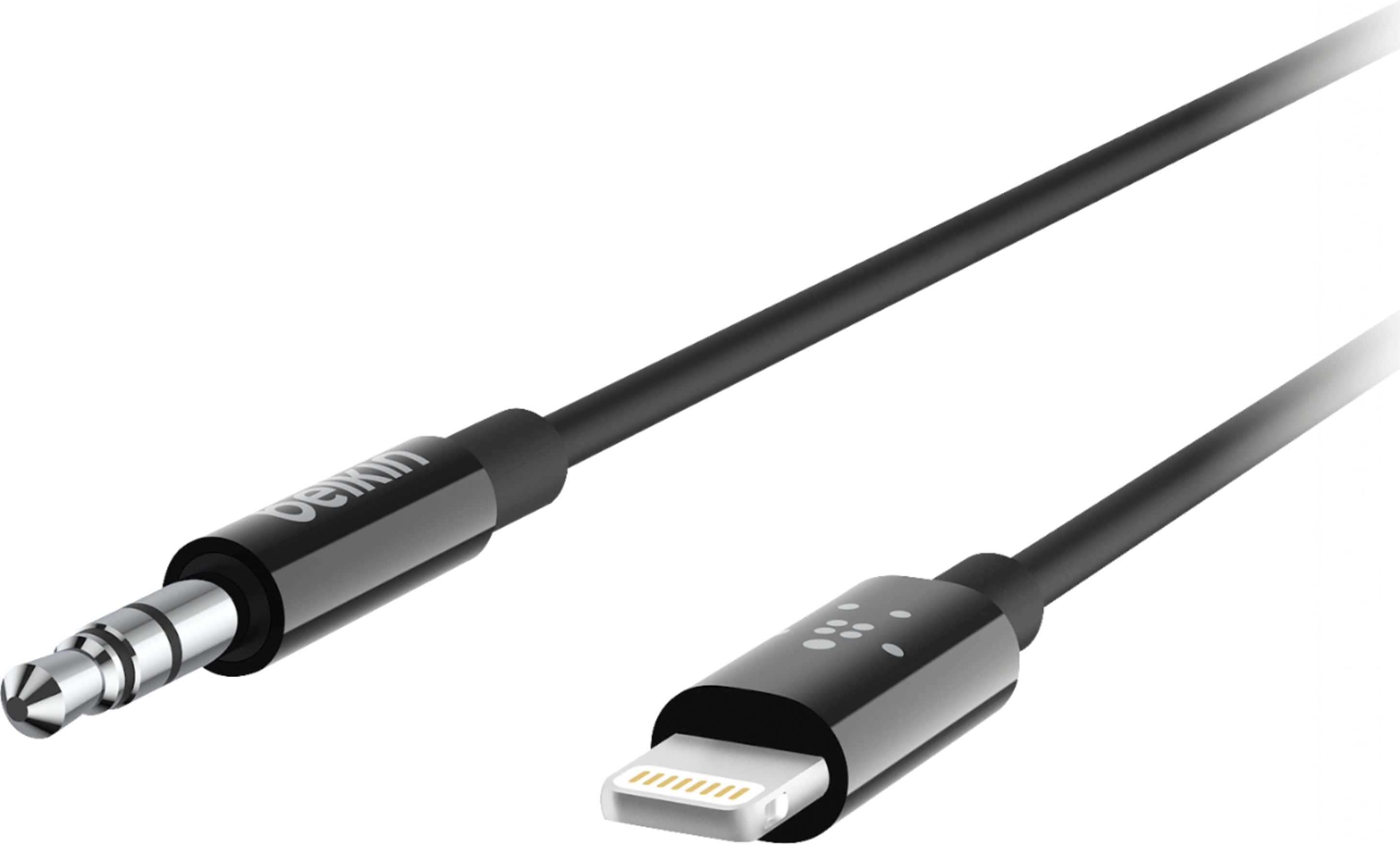 Belkin Lightning to aux cable connected to an iPhone and car stereo