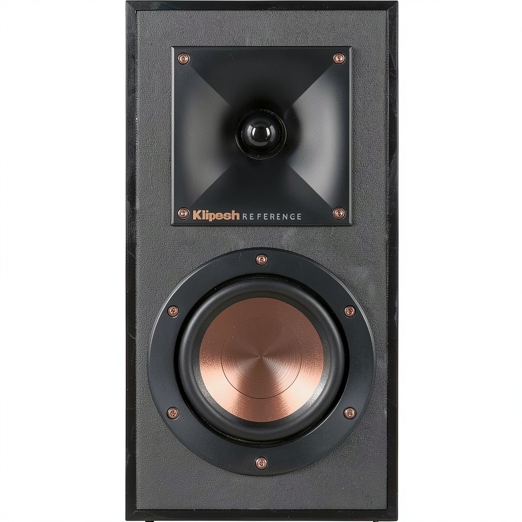Klipsch Reference 4‑inch speakers on a wooden bookshelf beside a UFC schedule 2026 TV setup
