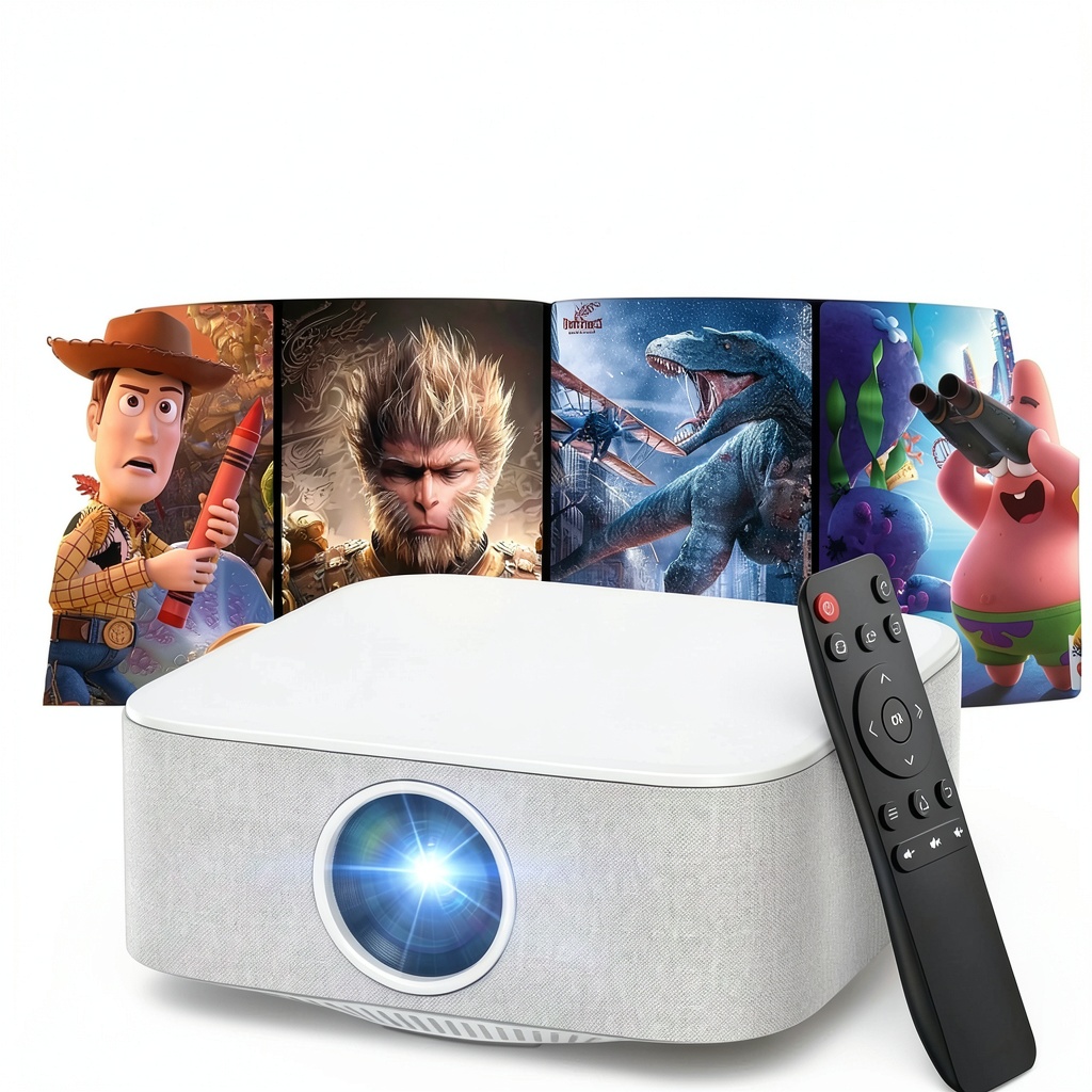 TOPVISION projector displaying a vibrant movie scene in a dark room