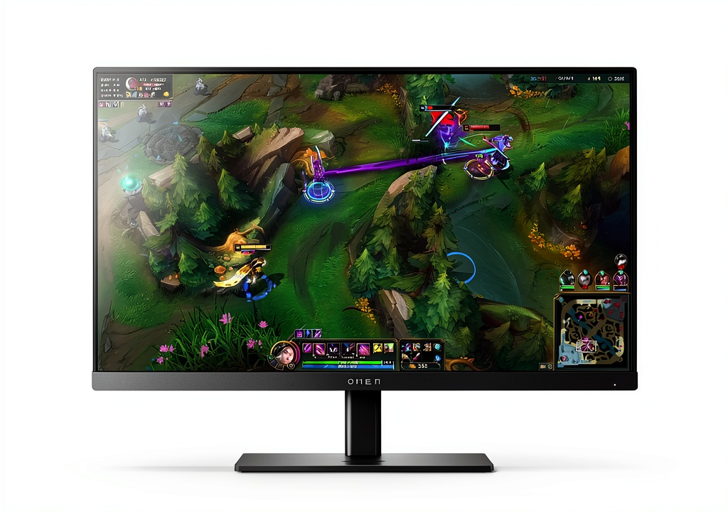 HP OMEN monitor displaying vibrant game graphics in a dark room