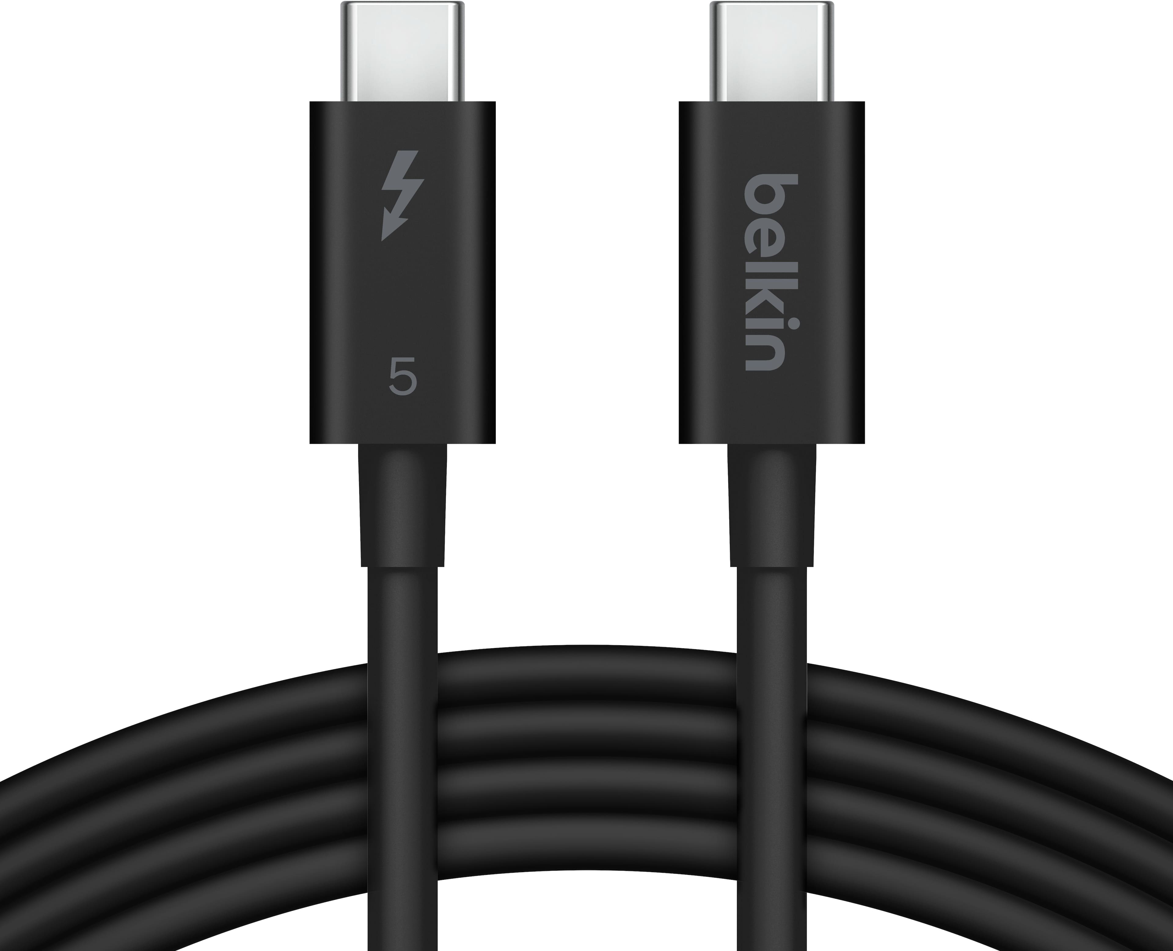 Belkin Thunderbolt 5 Cable connected to a laptop and monitor showcasing high-speed data transfer